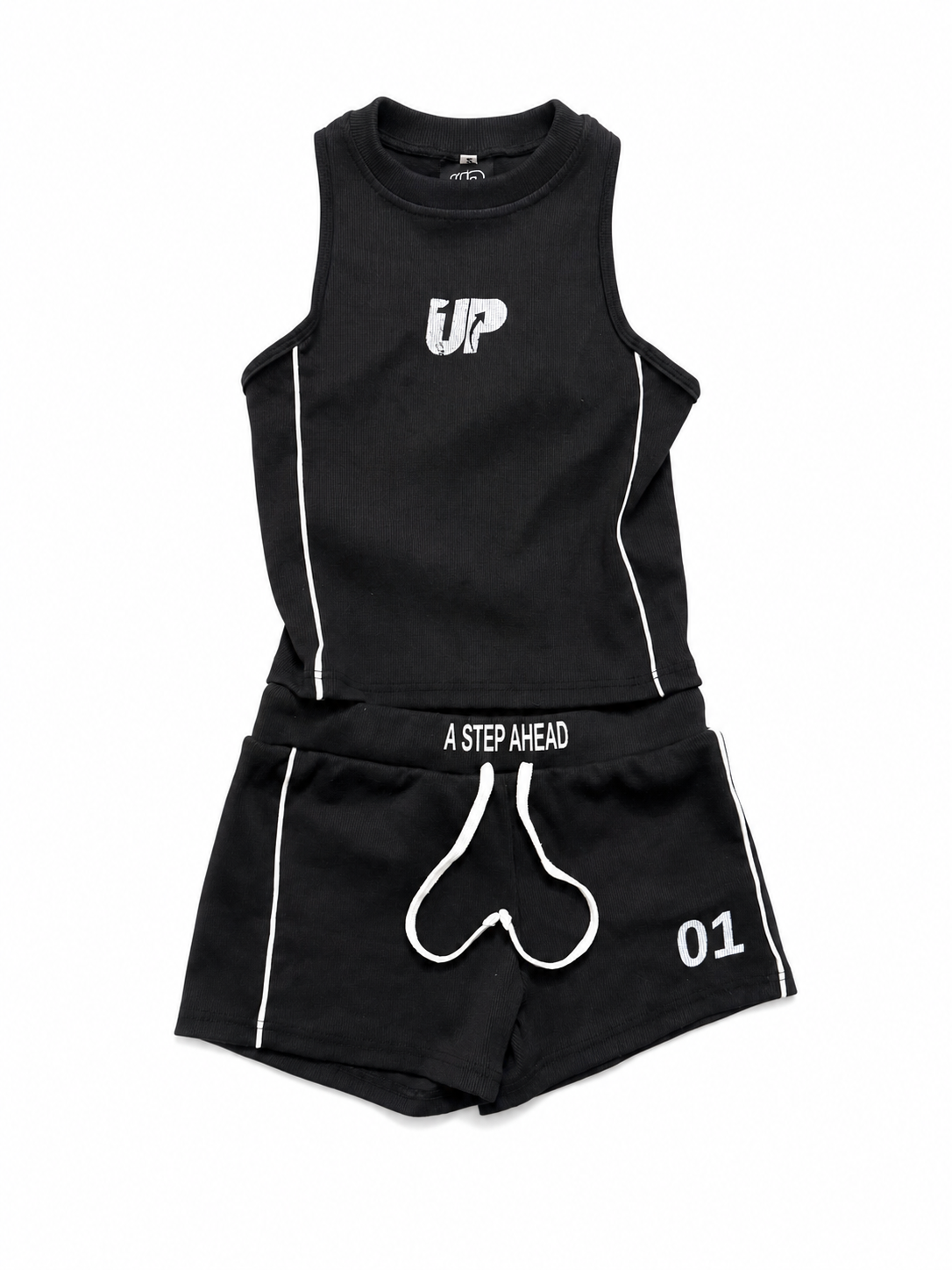 1UP.STUDIOS black ribbed crop tank with UP logo on chest