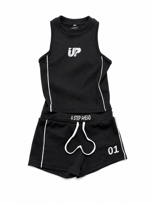 1UP.STUDIOS black ribbed crop tank with UP logo on chest